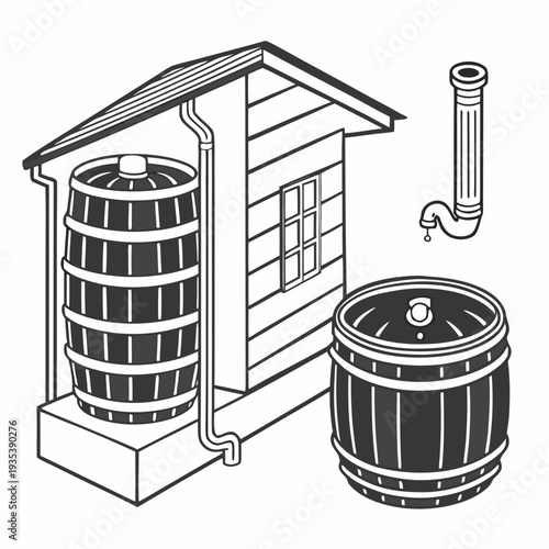 A rainwater harvesting system with barrels and a shed