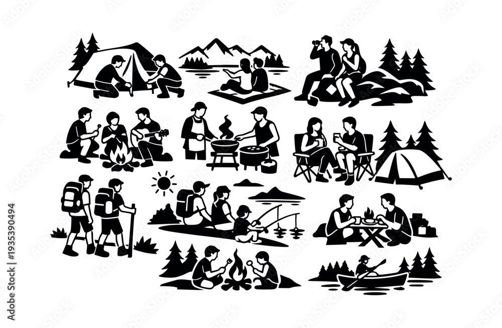 Fototapeta premium People engaging in different outdoor activities including camping, hiking, fishing, cooking, and relaxing around a campfire