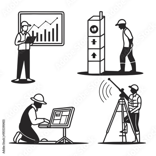 Construction workers in different roles and tasks