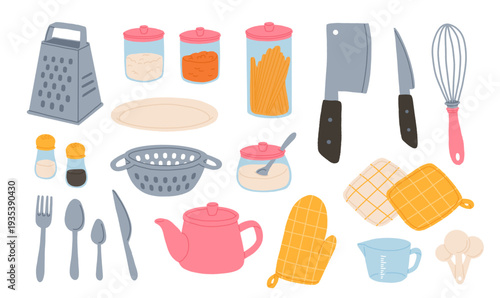 Kitchen Utensils and Cookware Set. Grater, Jars, Knives, Whisk, Colander, Teapot, Cutlery, Oven Mitt, Measuring Cup. Cooking Tools Collection Hand Drawn Vector Illustration