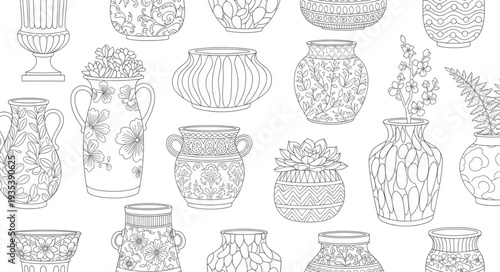 Collection of antique ornate vases and urns in sketch style.