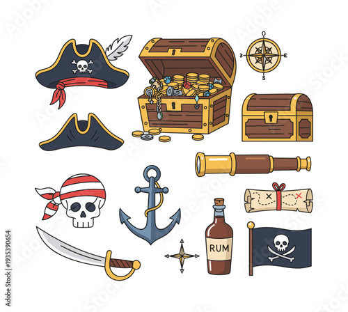 Set of pirate adventure items featuring sea chest, captain hat, spyglass, skull, sword, anchor, and compass