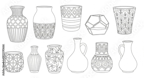 Collection of Hand Drawn Decorative Vases and Pots.