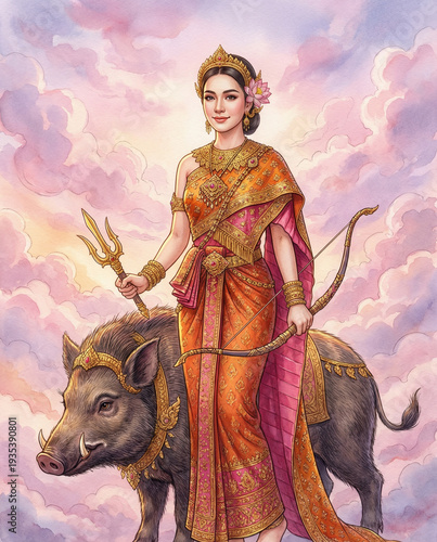 Thai Songkran Goddess Nang Rakshas Devi on Wild Boar, songkarn 2569 Goddess in Traditional Costume, songkran festival 2026