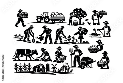 Farm workers engaged in various stages of agriculture, including planting, watering, plowing, and collecting vegetables and fruits