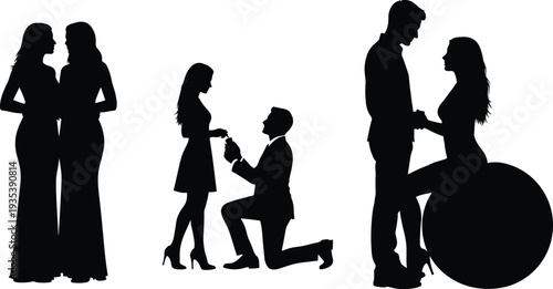 Black silhouettes of diverse couples celebrating love including romantic lesbian partners, a marriage proposal on one knee, and a pregnant couple.