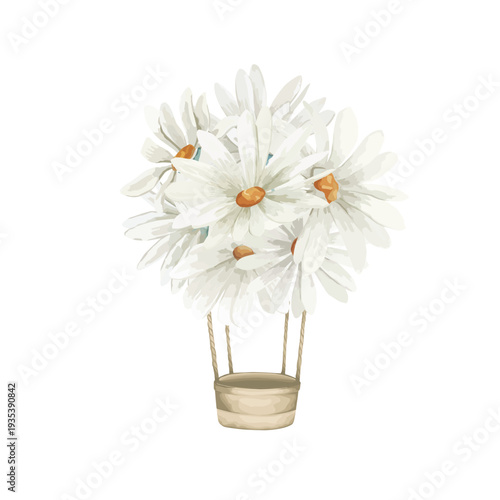 Watercolor baby print with floral hot air balloon. Vector cute  illustration on white background