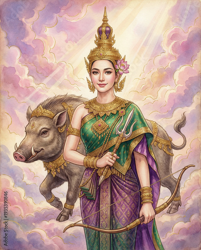 Thai Songkran Goddess Nang Rakshas Devi on Wild Boar, songkarn 2569 Goddess in Traditional Costume, songkran festival 2026