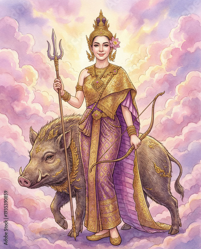 Thai Songkran Goddess Nang Rakshas Devi on Wild Boar, songkarn 2569 Goddess in Traditional Costume, songkran festival 2026