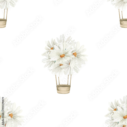 Vector baby seamless pattern with floral hot air balloon. Hand drawn cute  illustration on white background