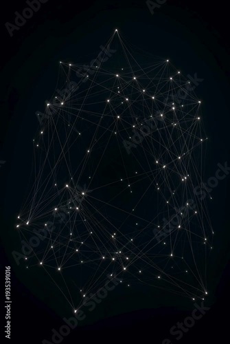 Abstract network structure with glowing nodes and connecting lines in dark space, symbolizing data connections or a digital cosmos.