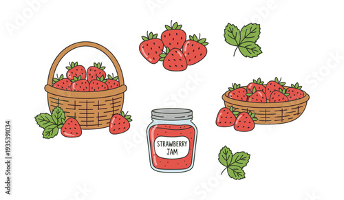 Grouping fresh garden strawberries, packed in two wicker baskets, a scattered bunch, and a glass jar of red strawberry jam