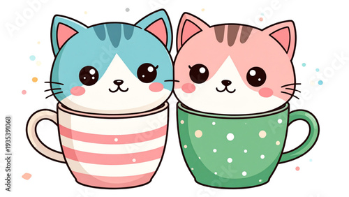 Cute cats in patterned coffee cups cartoon illustration with sweet love theme, kawaii animals, and playful pastel flat style