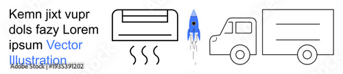 Technology, space exploration, logistics, transportation, cooling systems, innovation. Line art of air conditioner emitting heat, a blue rocket and a delivery truck. Technology and space exploration