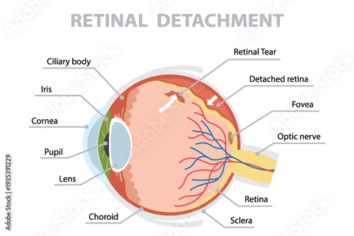 Human eye anatomy showcasing retinal detachment. Flat vector poster on white background.