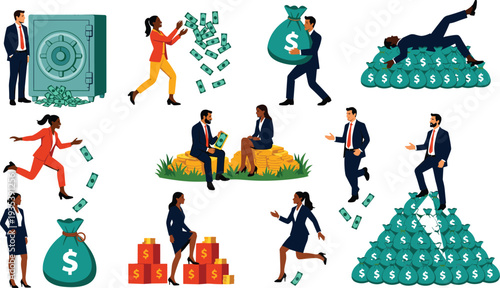 Business finance and wealth success concept illustration set, flat vector characters with money bags, cash stacks and bank vault isolated on light background