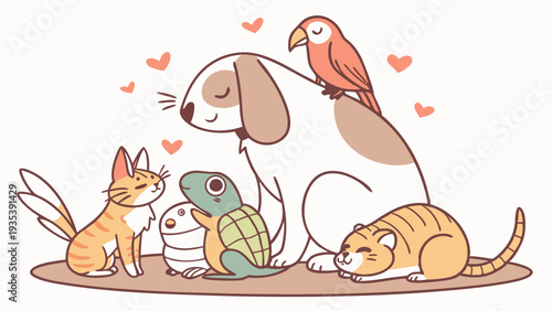 Adorable Diverse Group of Happy Pets Dog Cat Bird Turtle Together Illustration for Veterinary Care or Pet Shop Marketing