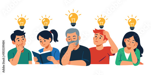 Group of diverse people with lightbulbs above their heads, representing fresh ideas, creativity, innovation and problem solving