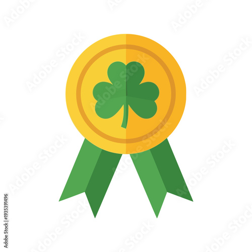St. Patrick's Day shamrock medal award ribbon vector illustration, flat green gold icon