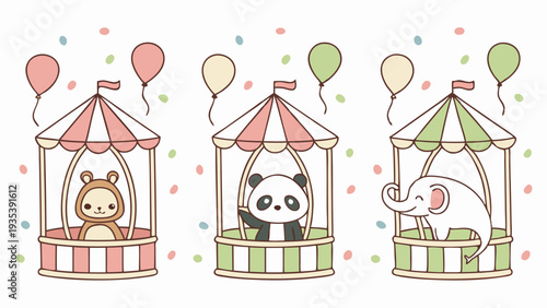 Cute Circus Carnival Booths with Adorable Panda Bear Elephant and Bear for Children Party Invitations Web Design