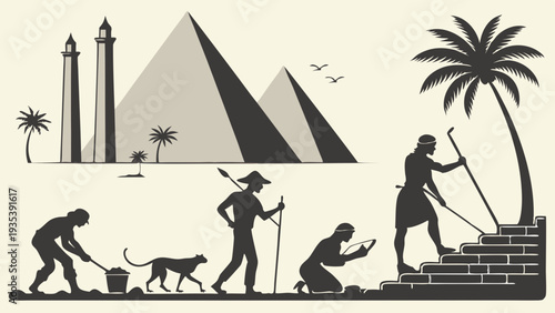 Ancient Egyptian Pyramid Construction Timeline Silhouettes Showing Labor Progress for History Education Website Design
