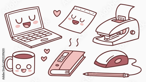 Cute Kawaii Office Supplies Laptop Mouse Stapler Mug for Happy Remote Work or Study Design Elements