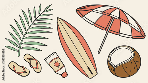 Tropical Summer Vacation Beach Essentials Flat Lay for Travel Blog Design Surfing Relaxation Sunscreen Ad Layout
