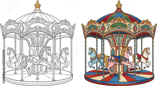 Vintage Carousel Merry Go Round with Decorative Horses Amusement Park Ride Vector Illustration with Line Art and Colored Version