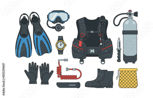 Compilation of scuba diving gear essential for underwater adventures. Includes BCD, oxygen tank, mask, and fins for divers