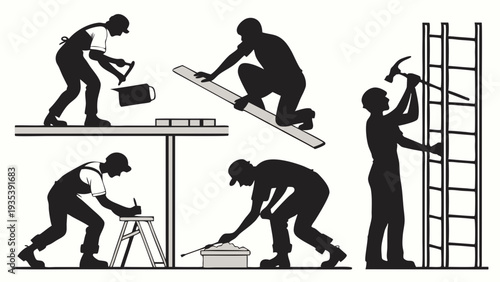 Construction Workers Silhouettes Building Home Repair Carpentry Projects Focused Labor for Renovation Websites and Brochures