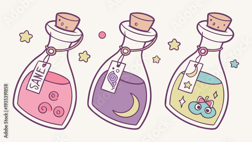 Cute Pastel Magic Potions for Witchcraft, Fantasy Gaming UI, or Self-Care Wellness Branding Design