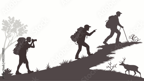 Hikers with Backpacks Ascending Grassy Hillside on Adventure Trek Photography Wildlife Spotting Outdoor Recreation