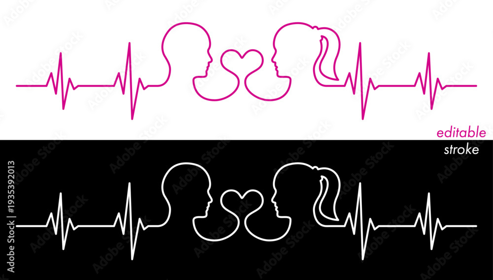 Fototapeta premium Editable stroke line love couple, man, woman head, heart line art vector. Heart rhythm ekg vector design to use for love, healthy lifestyle, emotion, romance concept illustration projects. 