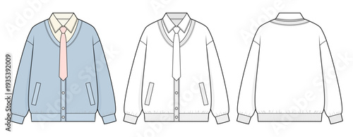 Collegiate Bomber Cardigan Technical Fashion Illustration with Angled Pockets and Rib Knit Trim. Front and Back View CAD Clothing Template.