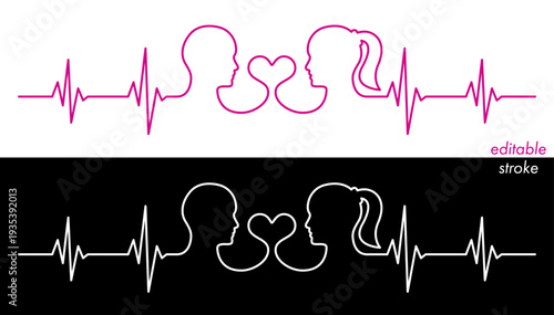 Editable stroke line love couple, man, woman head, heart line art vector. Heart rhythm ekg vector design to use for love, healthy lifestyle, emotion, romance concept illustration projects. 