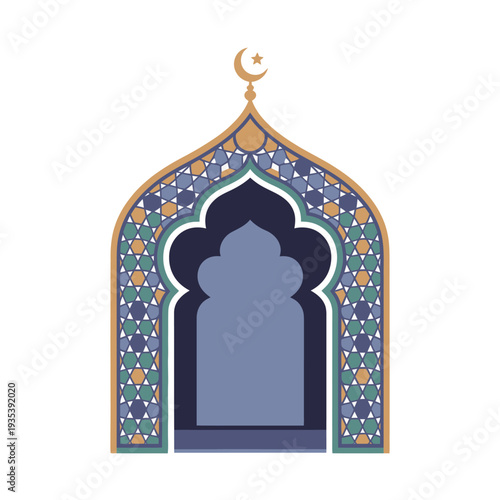 Ornate Islamic archway featuring mosaic tile patterns and a crescent moon crowning the apex.