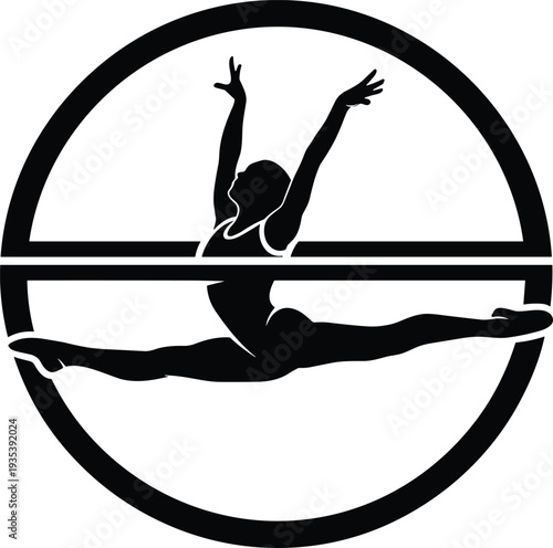 Artistic swimmer silhouette logo inside circular frame with elegant female diving pose, modern sports emblem for swimming club, aquatic fitness brand, competition team badge.