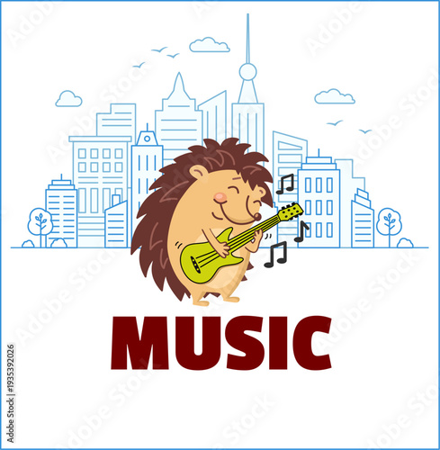 Brown hedgehog on guitar playing music. Audio at the concert. Text design. city. Installation. smartphones. Vector illustration.