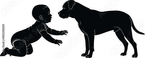 Baby crawling toward dog silhouette illustration showing friendship between child and pet, family bonding moment, domestic animal companion concept, black vector design