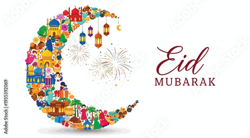Eid mubarak greeting card with colorful crescent moon and fireworks on white background for festive muslim holiday