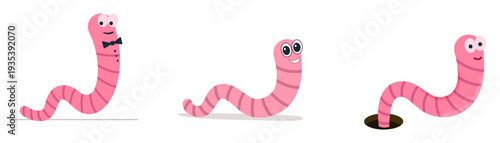 Pink worm, flat style. Earthworm is a cartoon character. vector Isolated illustration Worm on white background.