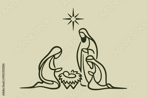 Simple line art nativity scene with figures around a manger on light backdrop, symbolizing Christmas faith and peace