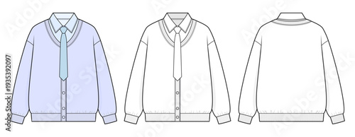 Classic Ribbed Hem Varsity Cardigan Technical Fashion Illustration. Clean Button-Down Outerwear Silhouette. Front and Back View CAD Template.