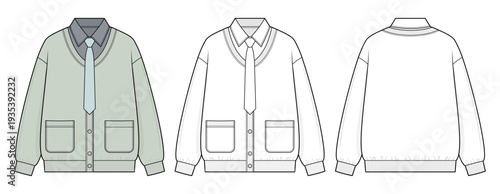 Patch Pocket College Cardigan Jacket Technical Fashion Illustration. Buttoned Outerwear with Structured Front Detail. Front and Back CAD Vector Template.