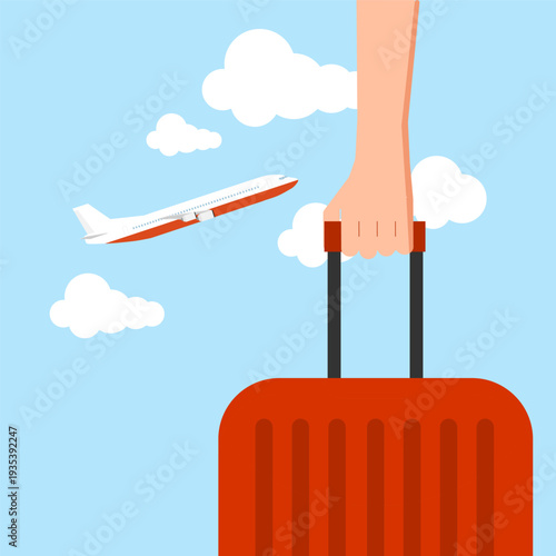 A minimalist flat vector illustration featuring a hand holding a red suitcase against a bright blue sky with fluffy white clouds and a departing airplane.