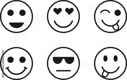 A collection of six simple vector emoji icons in a linear style. The set features various expressions: happy smile, heart eyes, winking with tongue, and cool face with sunglasses.