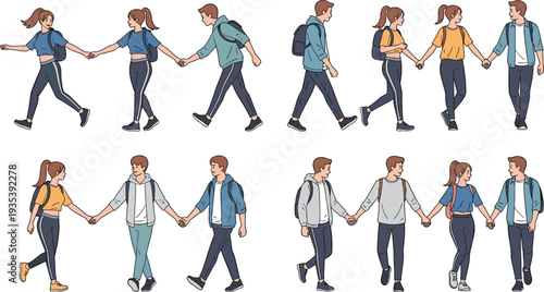 Young Couples Walking Hand in Hand Cartoon Vector Character Set of Teenage Friends and Lovers in Casual Outfit