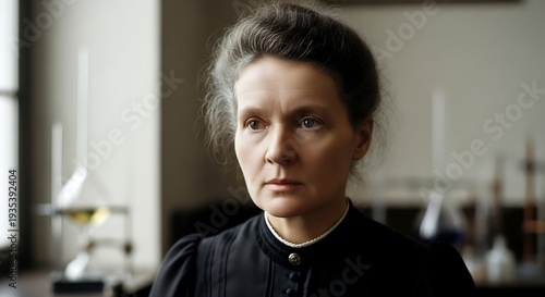 Medium-format photography style portrait of Marie Curie, hyper-realistic detail