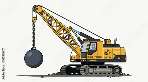 Yellow wrecking ball crane with operator, demolition concept