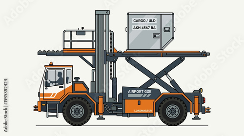 Airport cargo loader lifting container on white background